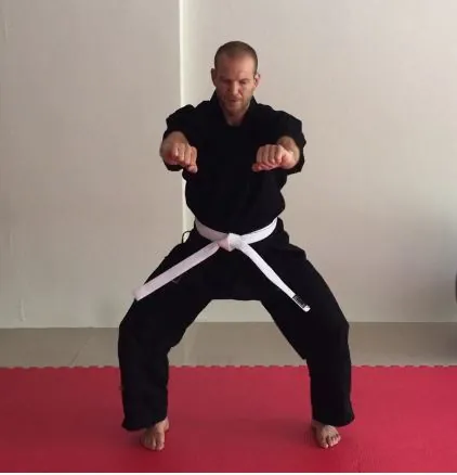 A student with a white belt holds a horse stance on a red mat