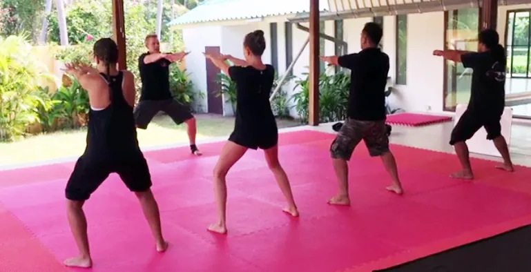 A group practices stances on pink mats in an open-air sala