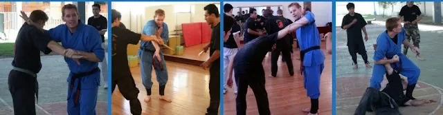 Four photos of Rick Tew in a blue uniform teaching one student at a time