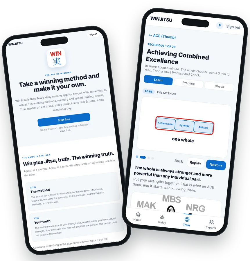 Two phones showing the WinJitsu app: its home screen and a lesson, Achieving Combined Excellence